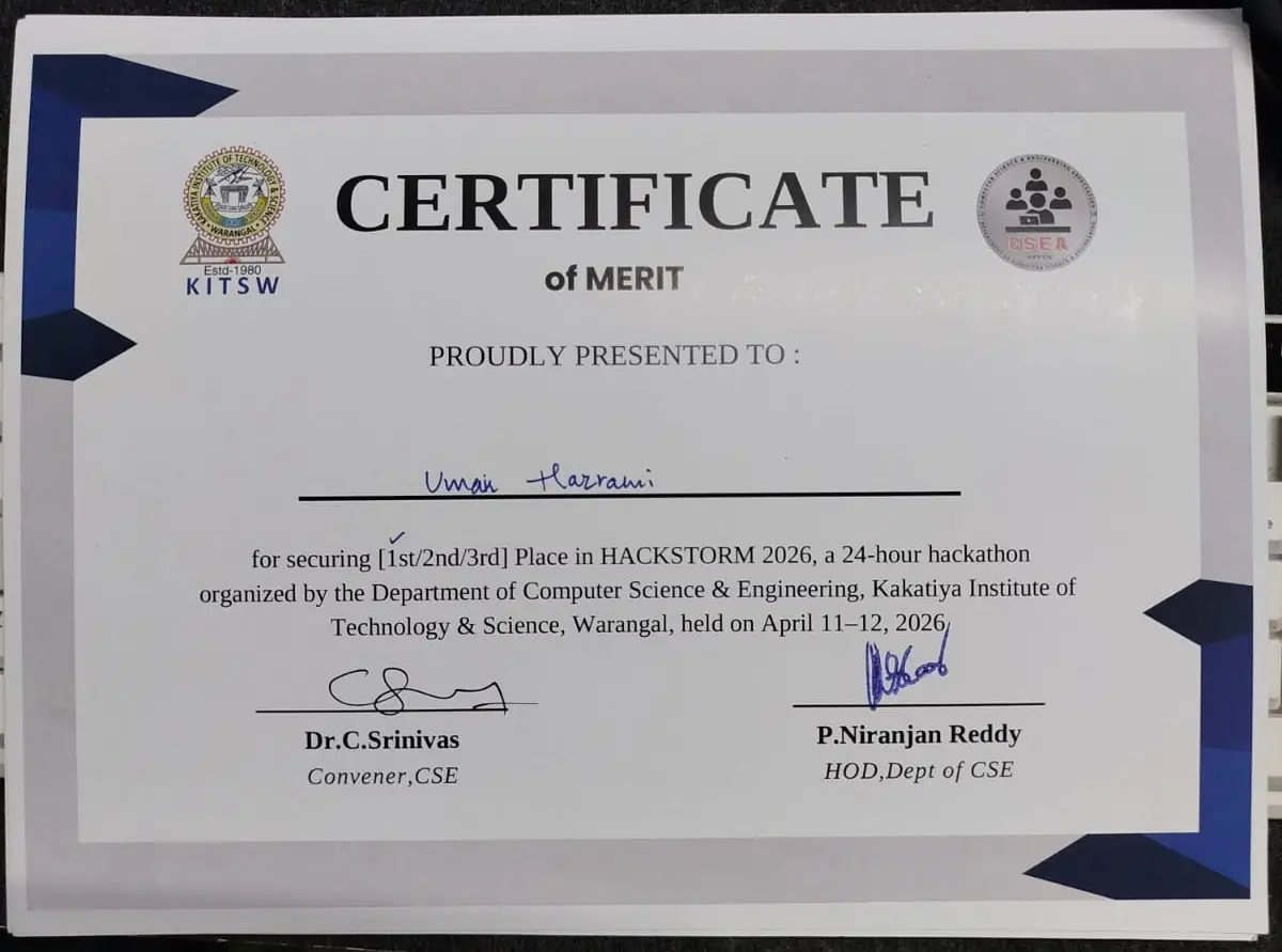 Certificate of Merit awarded to Umair Hazrami for first place in Hackstorm 2026, a 24-hour hackathon.