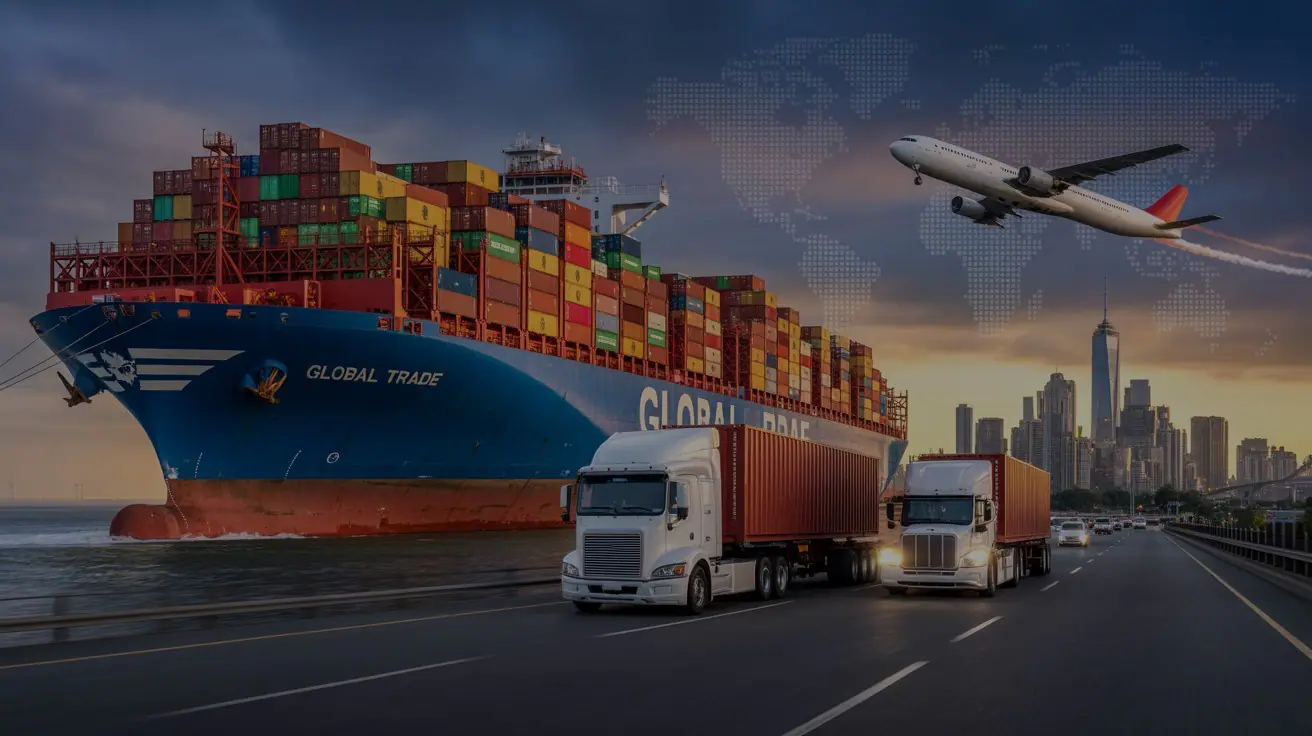 Global trade scene with a container ship, cargo trucks, an aircraft and a city skyline.