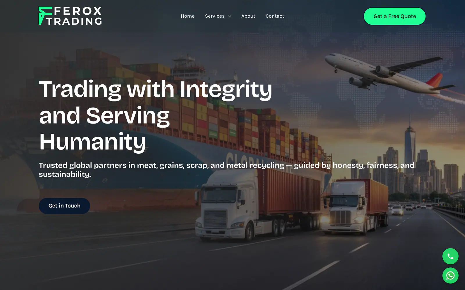 The Ferox Trading homepage, showing its commodity trading and logistics landing page.