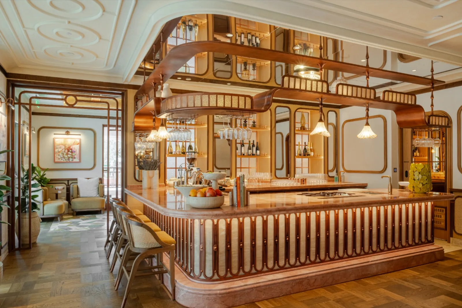 The brasserie bar with arched shelving.