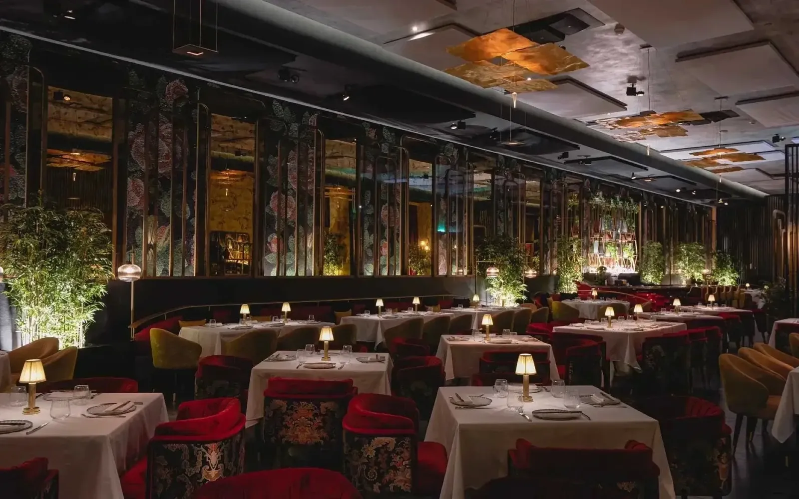 Toki's dining room under Art Deco ceilings.