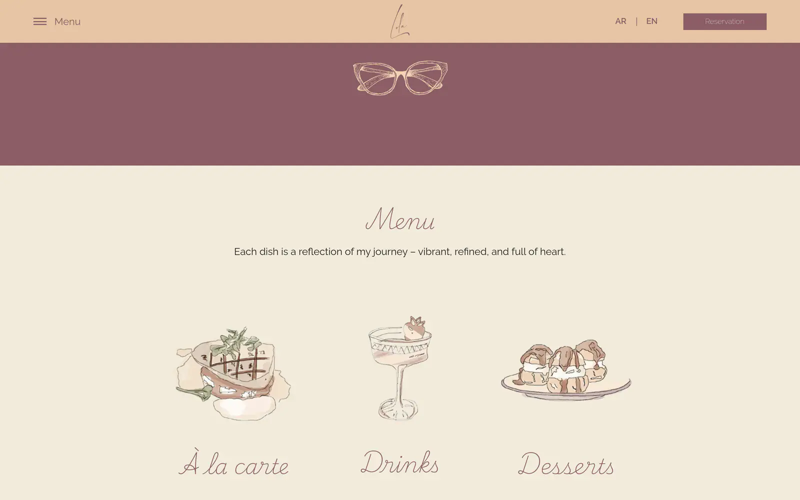 A section of the Lola restaurants site at lolarestaurants.com: the brand menu block, headed "Menu" over the line "Each dish is a reflection of my journey", with three illustrated panels labelled A la carte, Drinks and Desserts, under the site header carrying the Lola script logo and a Reservation button.