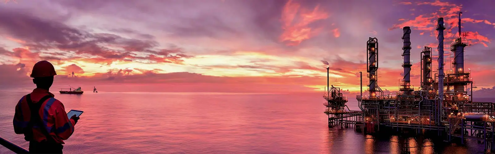 Oilfield and industrial facilities at sunset, with an engineer in the foreground and an offshore platform on the water.