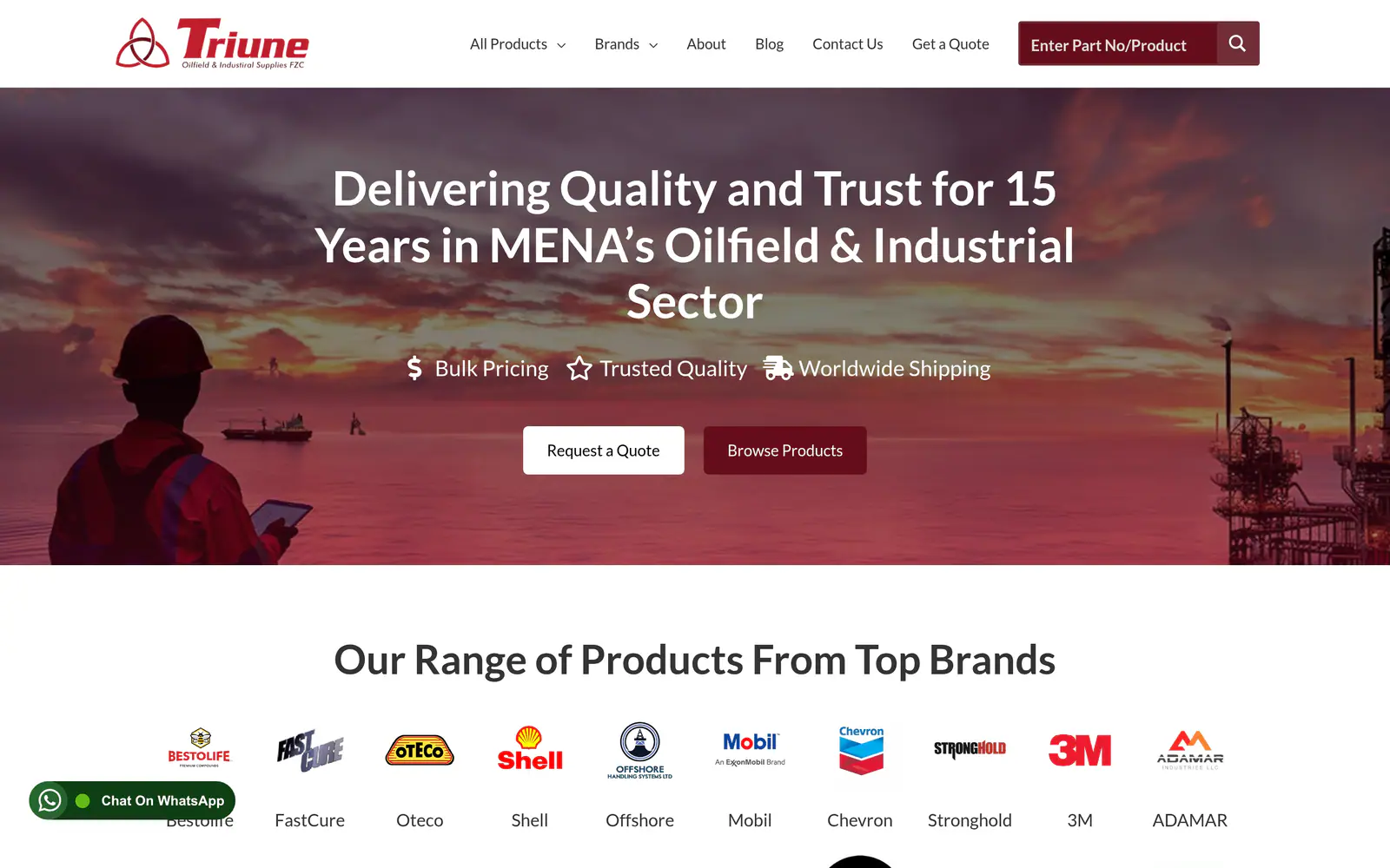 The Triune General Trading homepage, showing its oilfield and industrial supplies landing page.